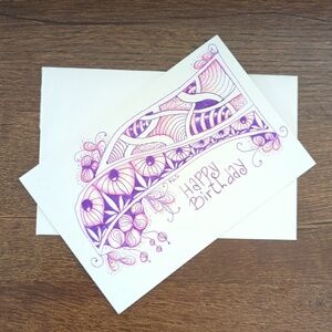 🌻5/$20 Handmade Happy Birthday Floral Zentangle Card- Pink & Purple